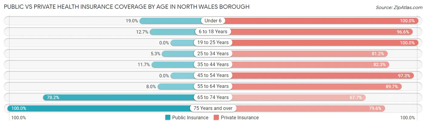 Public vs Private Health Insurance Coverage by Age in North Wales borough