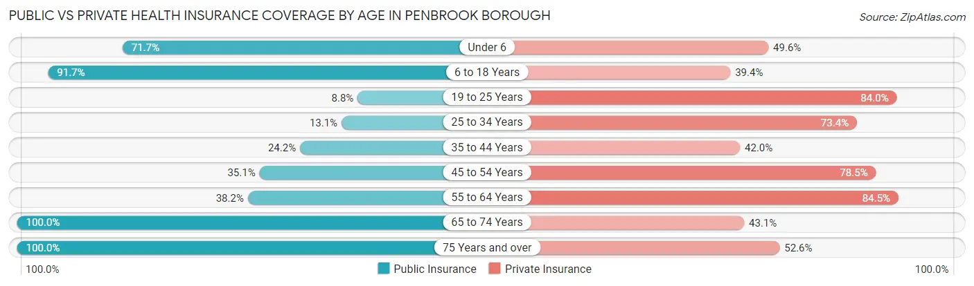 Public vs Private Health Insurance Coverage by Age in Penbrook borough