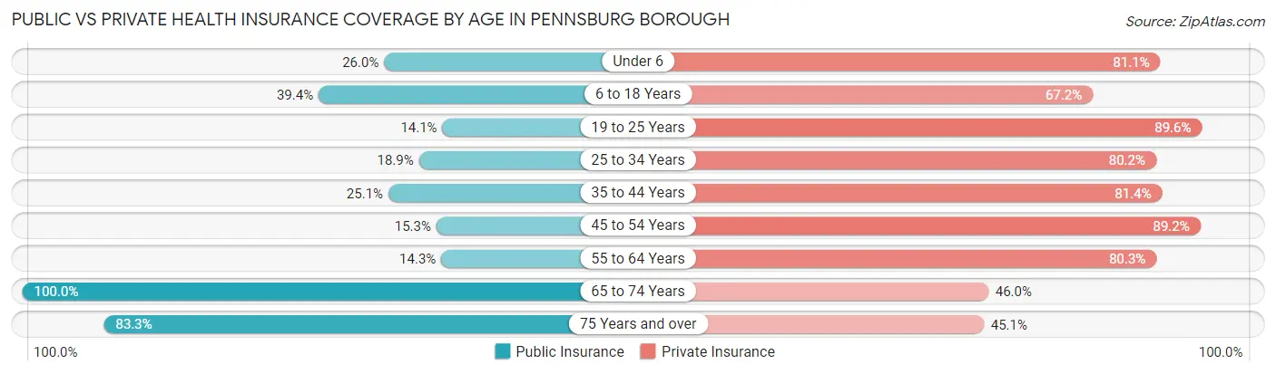 Public vs Private Health Insurance Coverage by Age in Pennsburg borough