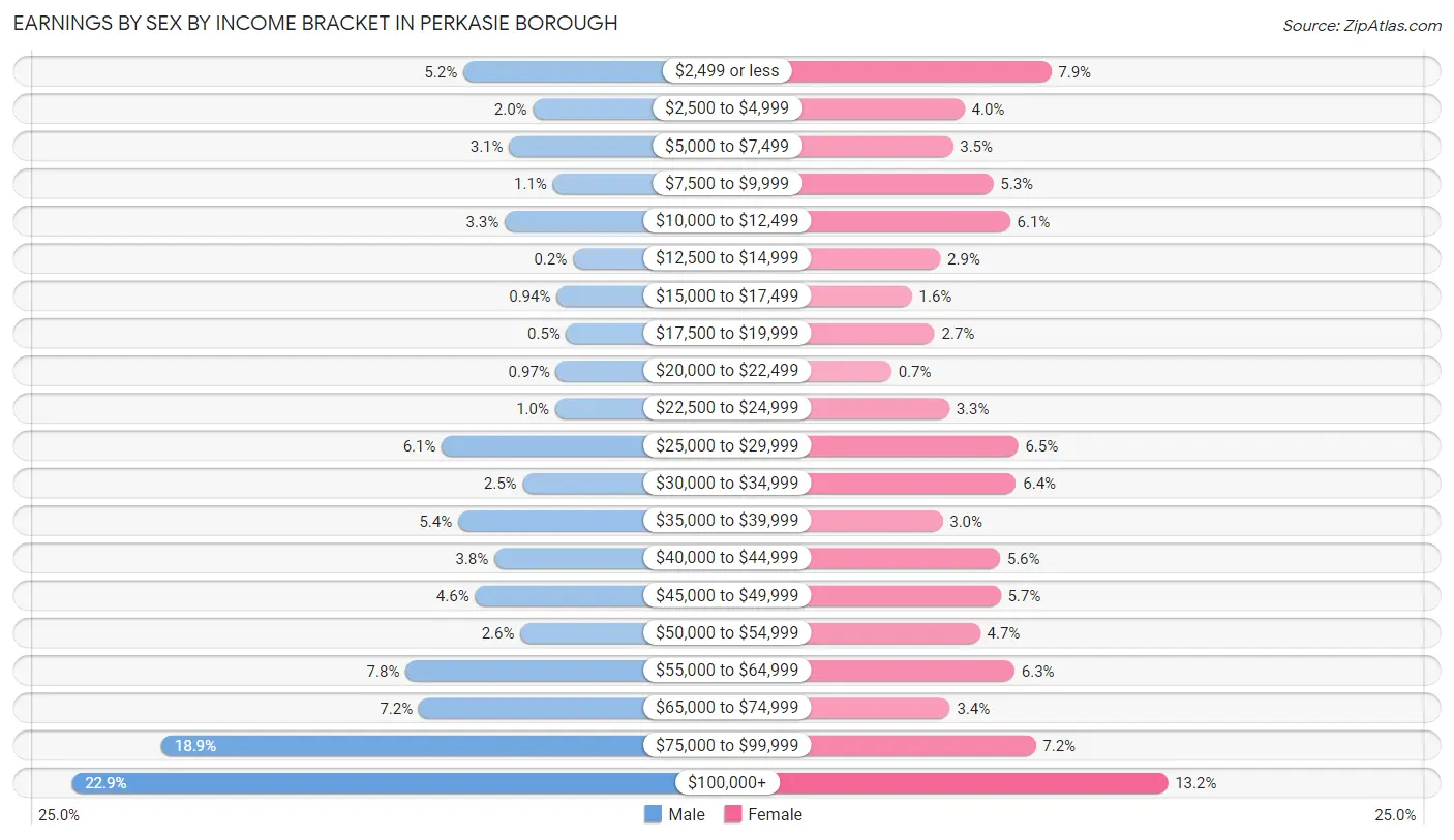 Earnings by Sex by Income Bracket in Perkasie borough