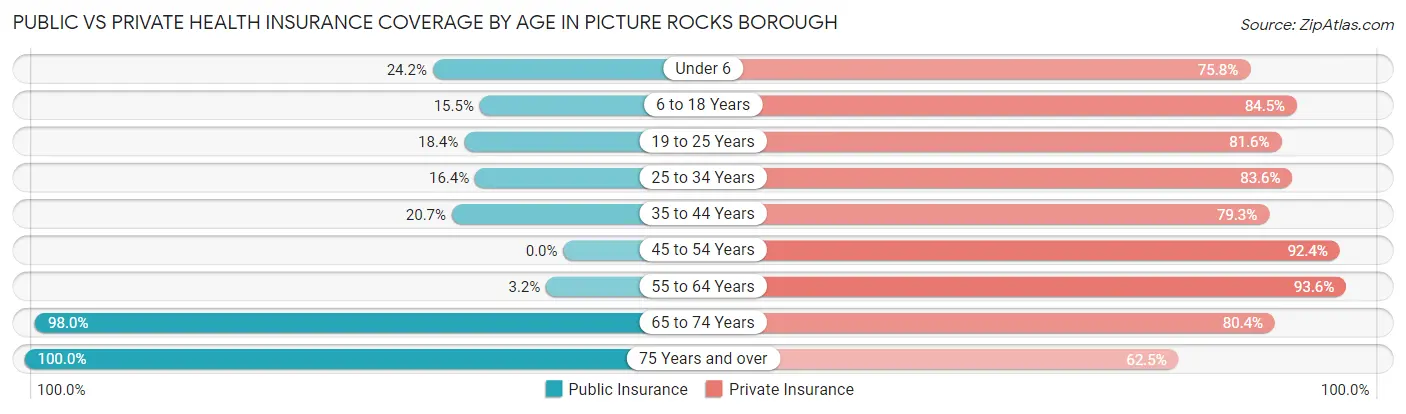 Public vs Private Health Insurance Coverage by Age in Picture Rocks borough