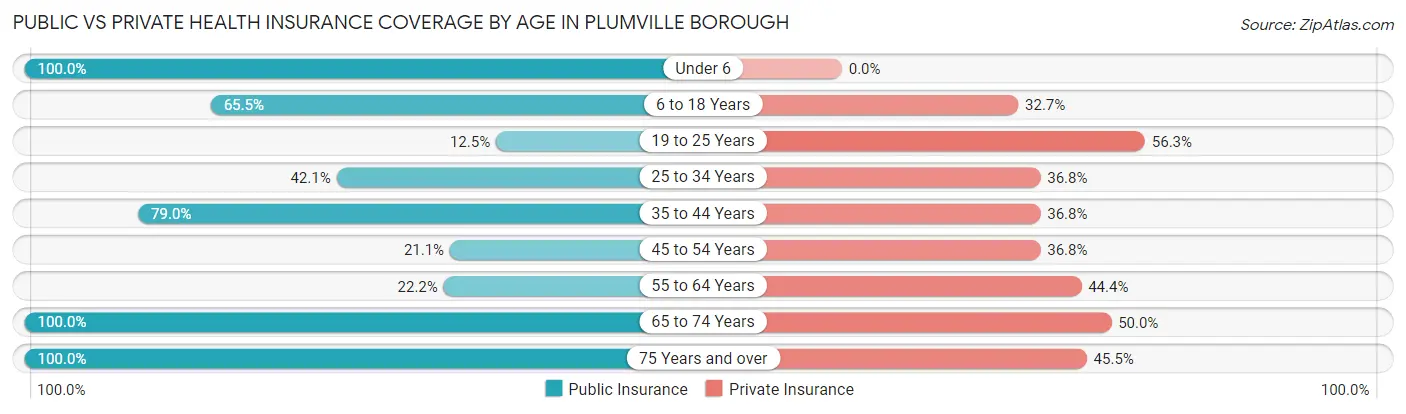 Public vs Private Health Insurance Coverage by Age in Plumville borough