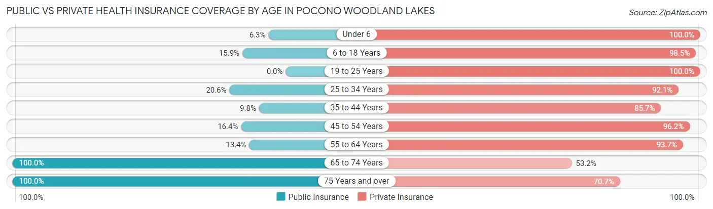 Public vs Private Health Insurance Coverage by Age in Pocono Woodland Lakes