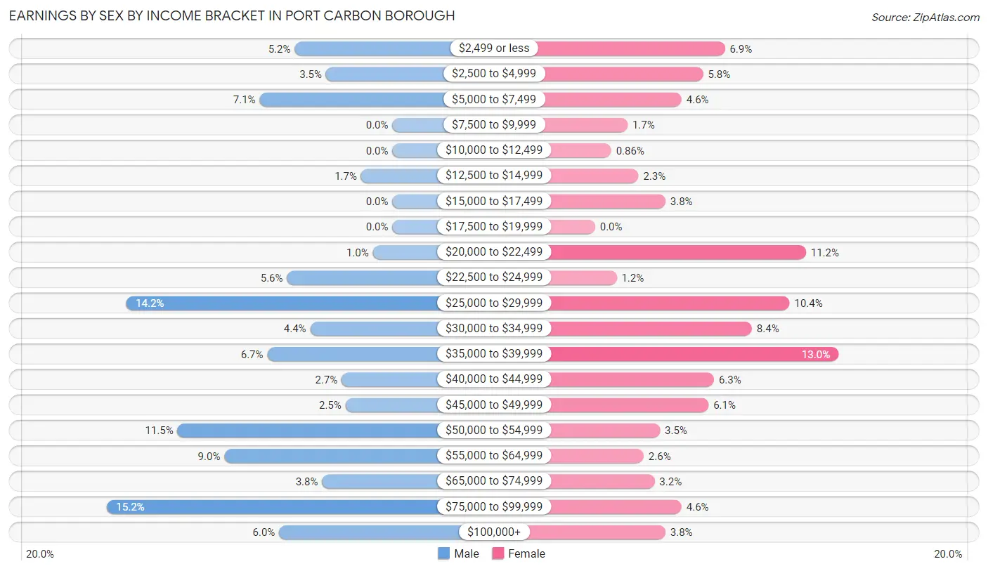 Earnings by Sex by Income Bracket in Port Carbon borough