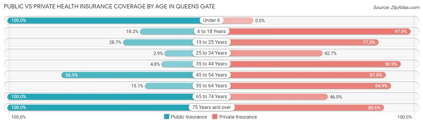 Public vs Private Health Insurance Coverage by Age in Queens Gate