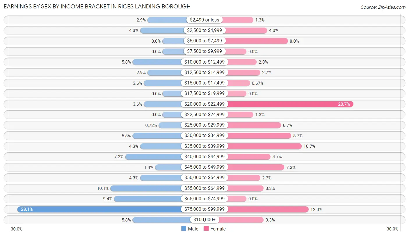 Earnings by Sex by Income Bracket in Rices Landing borough