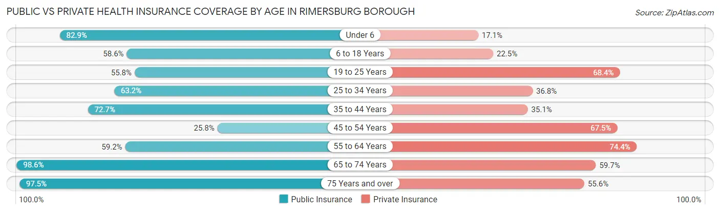 Public vs Private Health Insurance Coverage by Age in Rimersburg borough