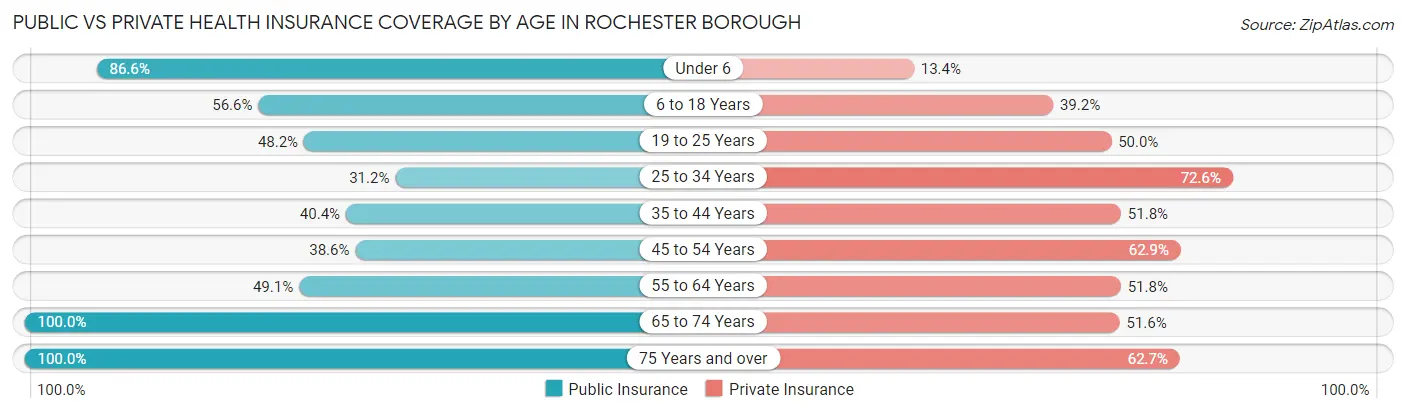 Public vs Private Health Insurance Coverage by Age in Rochester borough