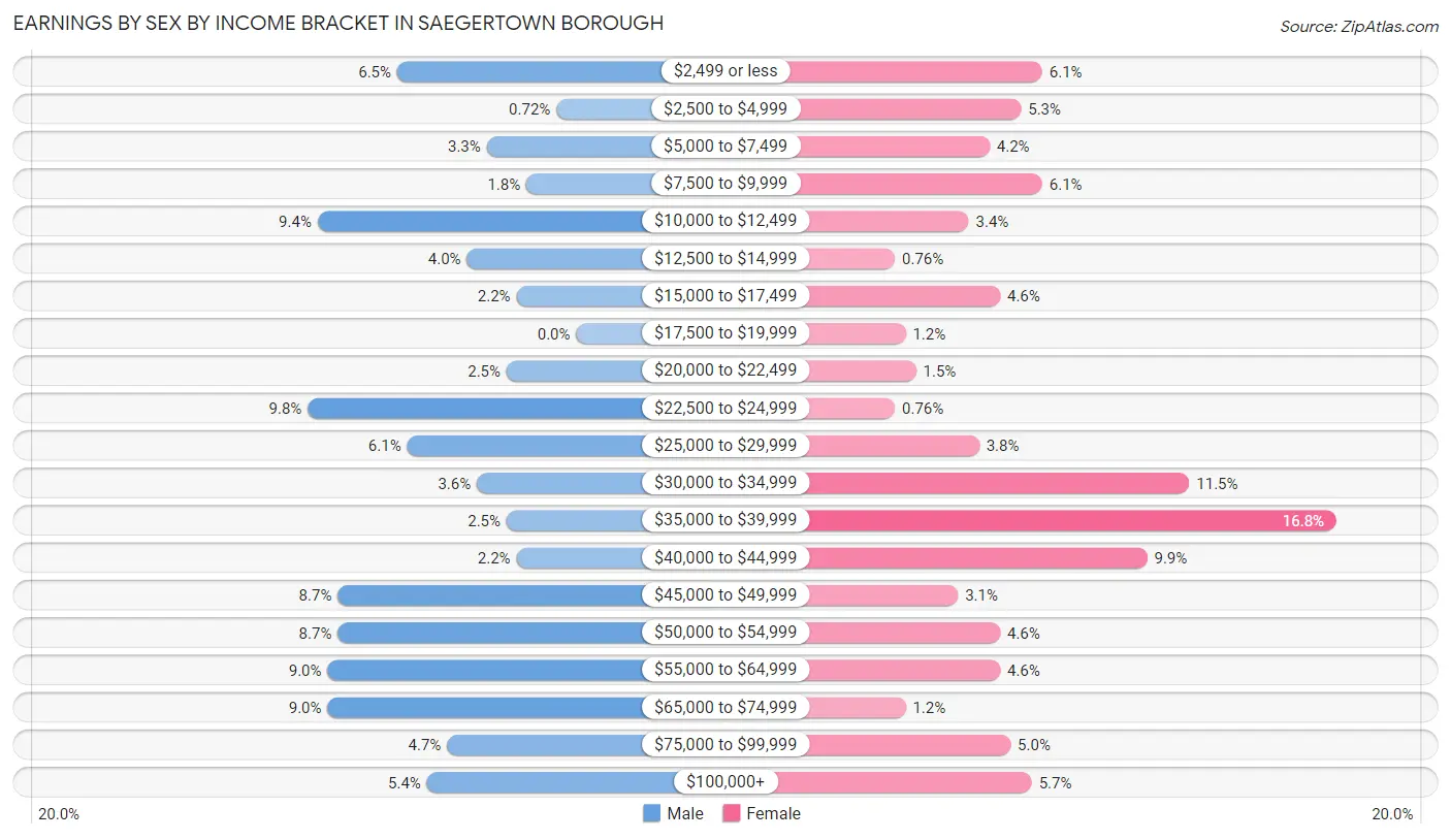 Earnings by Sex by Income Bracket in Saegertown borough