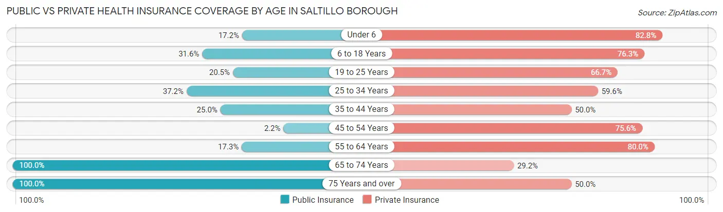 Public vs Private Health Insurance Coverage by Age in Saltillo borough