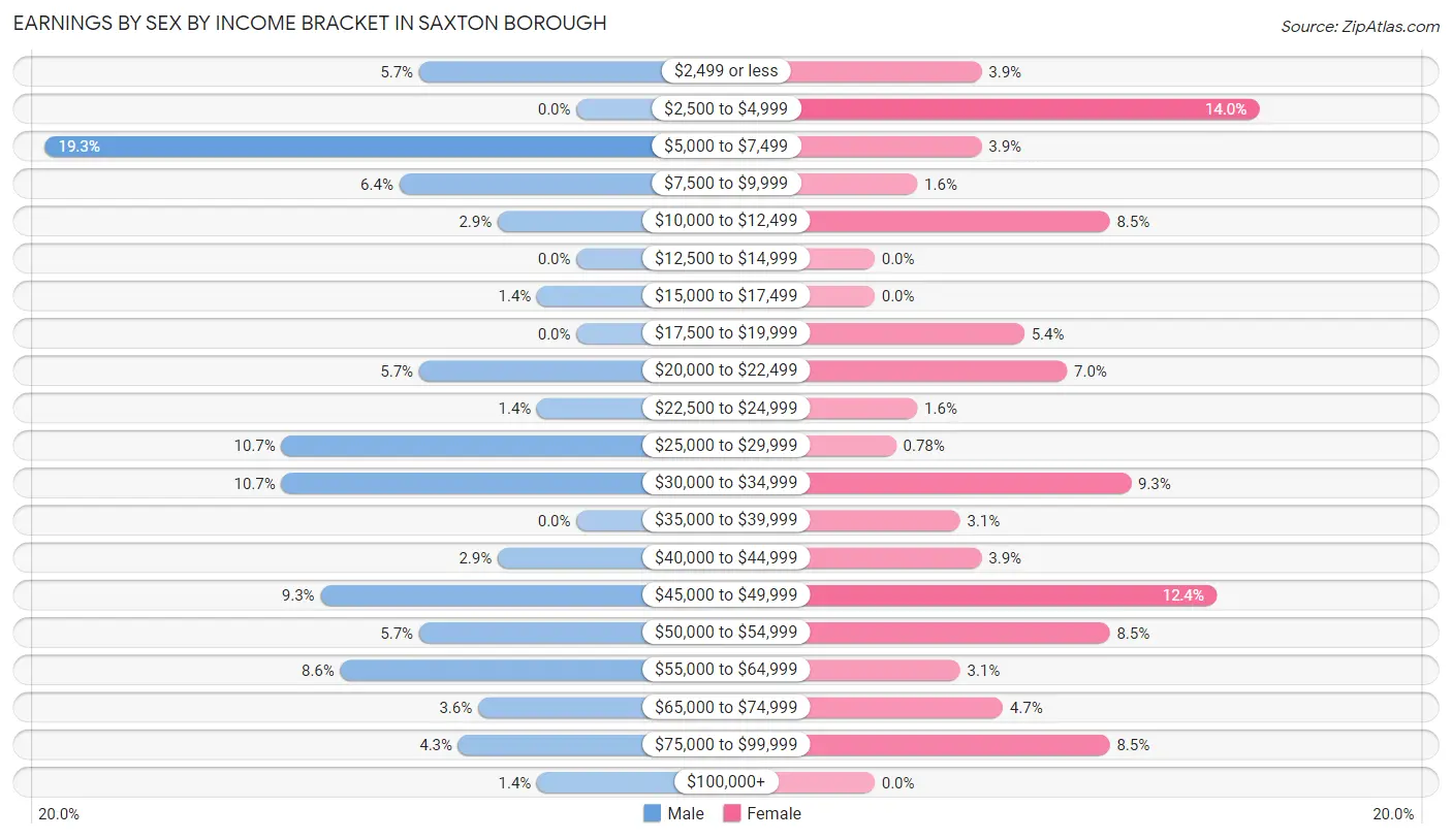 Earnings by Sex by Income Bracket in Saxton borough