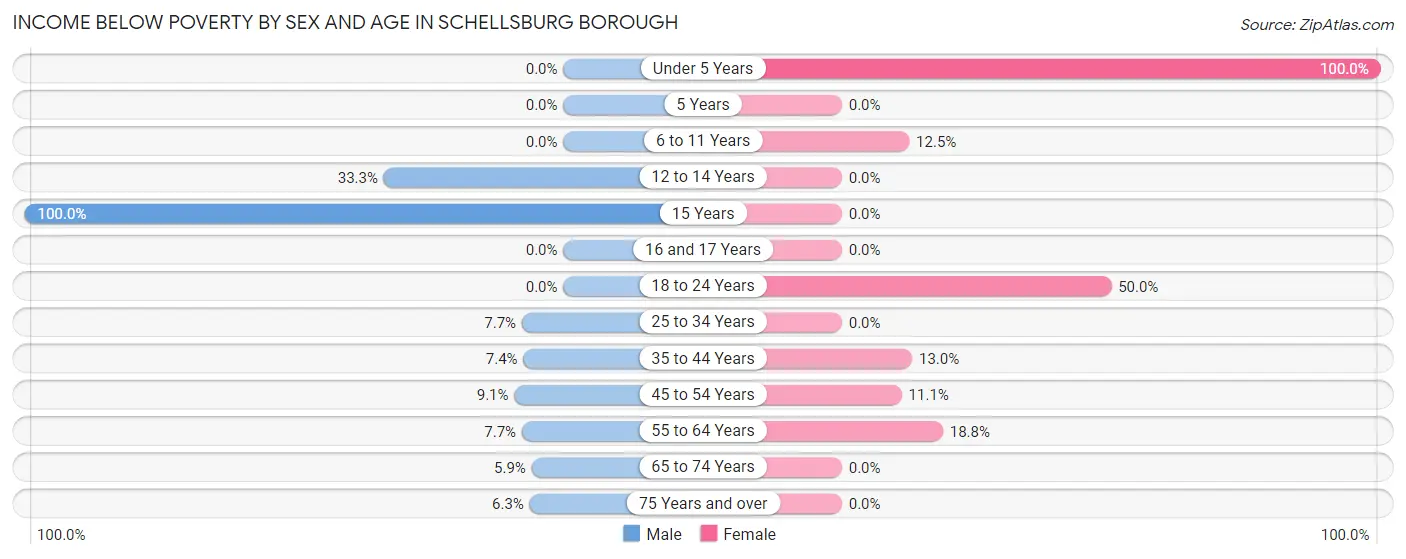 Income Below Poverty by Sex and Age in Schellsburg borough
