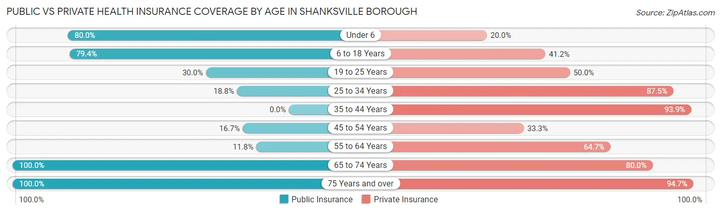 Public vs Private Health Insurance Coverage by Age in Shanksville borough