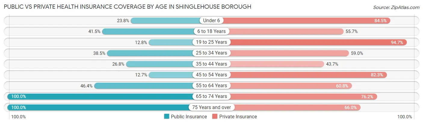 Public vs Private Health Insurance Coverage by Age in Shinglehouse borough