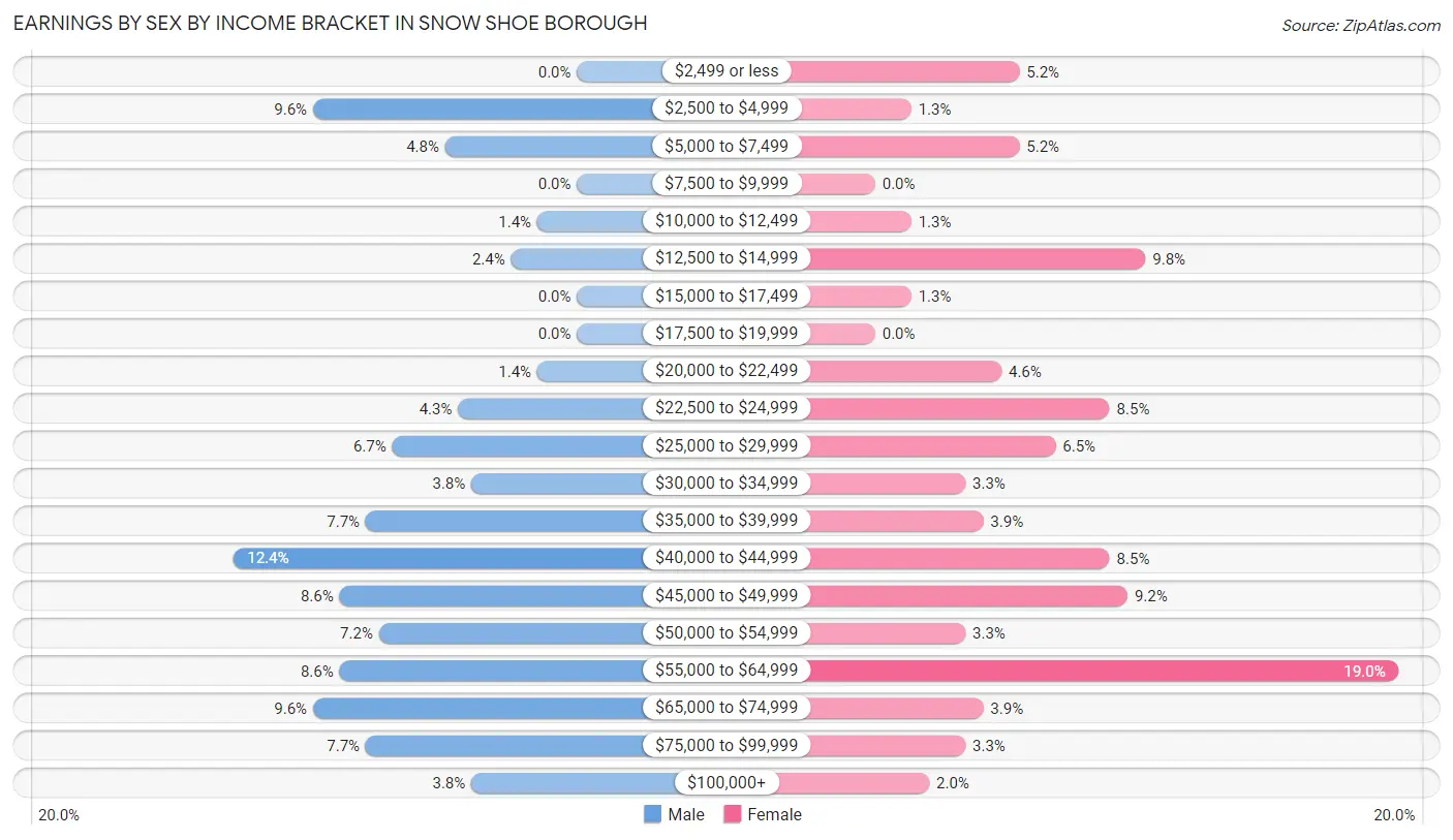 Earnings by Sex by Income Bracket in Snow Shoe borough