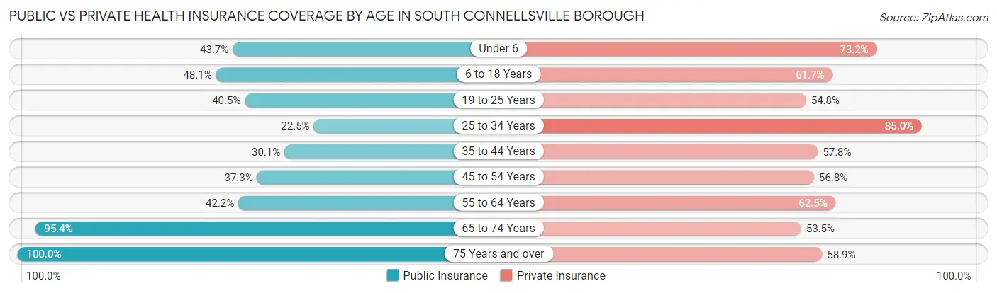 Public vs Private Health Insurance Coverage by Age in South Connellsville borough