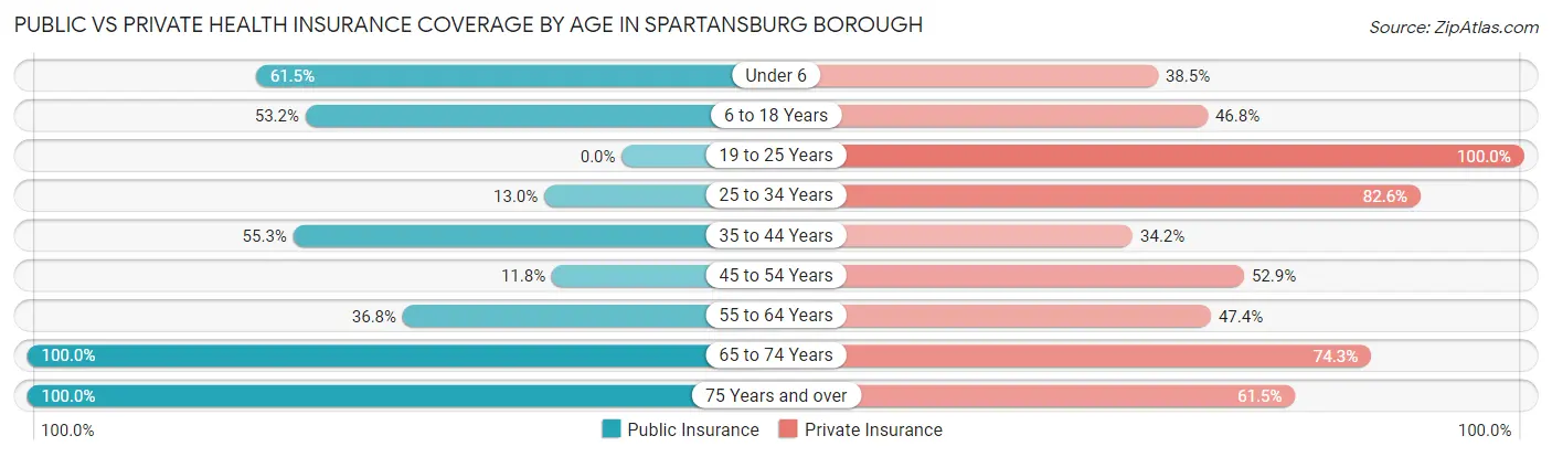 Public vs Private Health Insurance Coverage by Age in Spartansburg borough