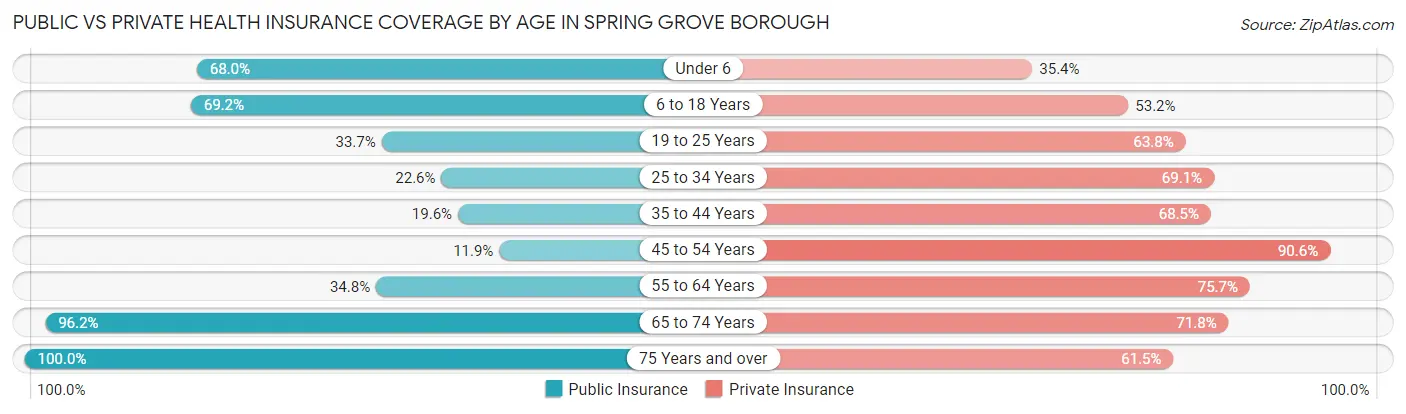 Public vs Private Health Insurance Coverage by Age in Spring Grove borough