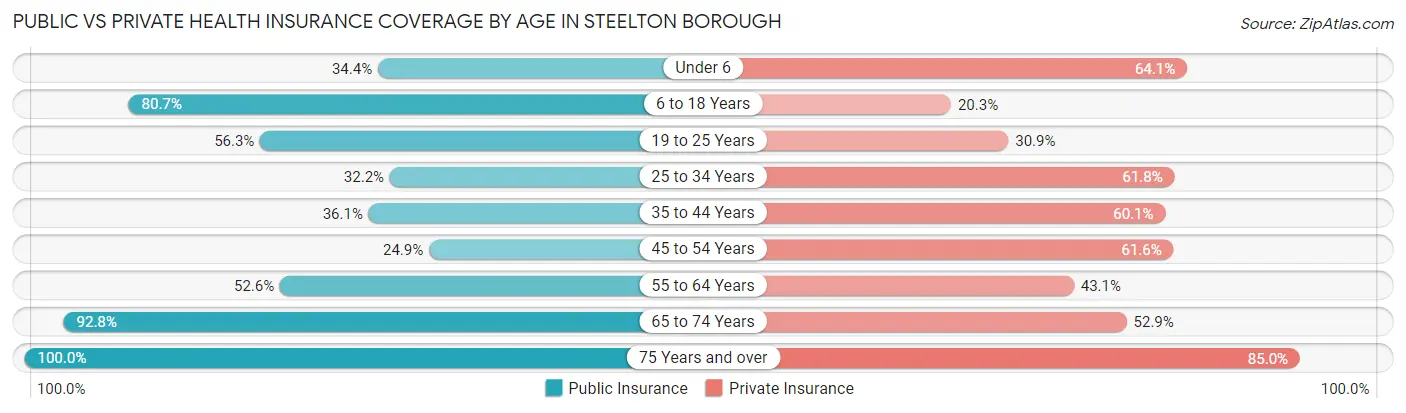 Public vs Private Health Insurance Coverage by Age in Steelton borough