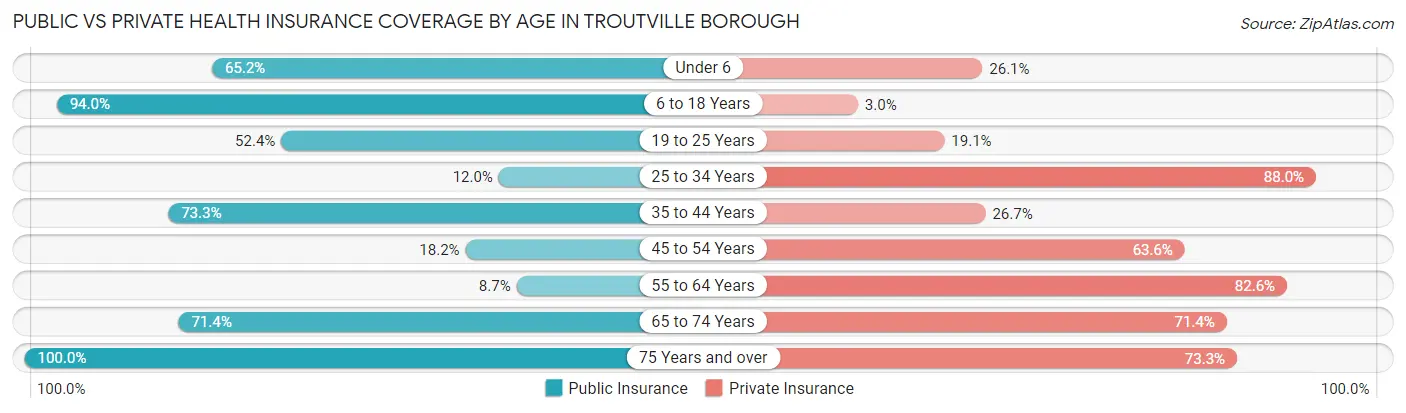 Public vs Private Health Insurance Coverage by Age in Troutville borough