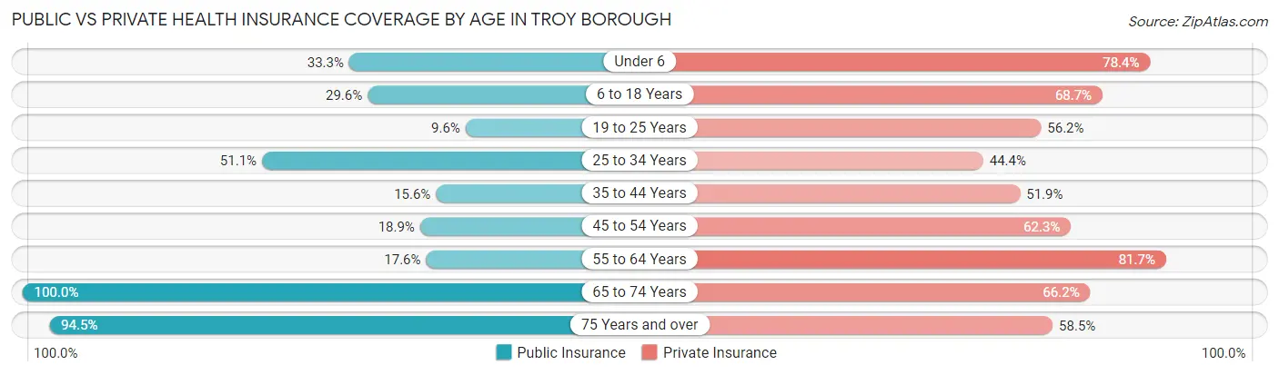 Public vs Private Health Insurance Coverage by Age in Troy borough