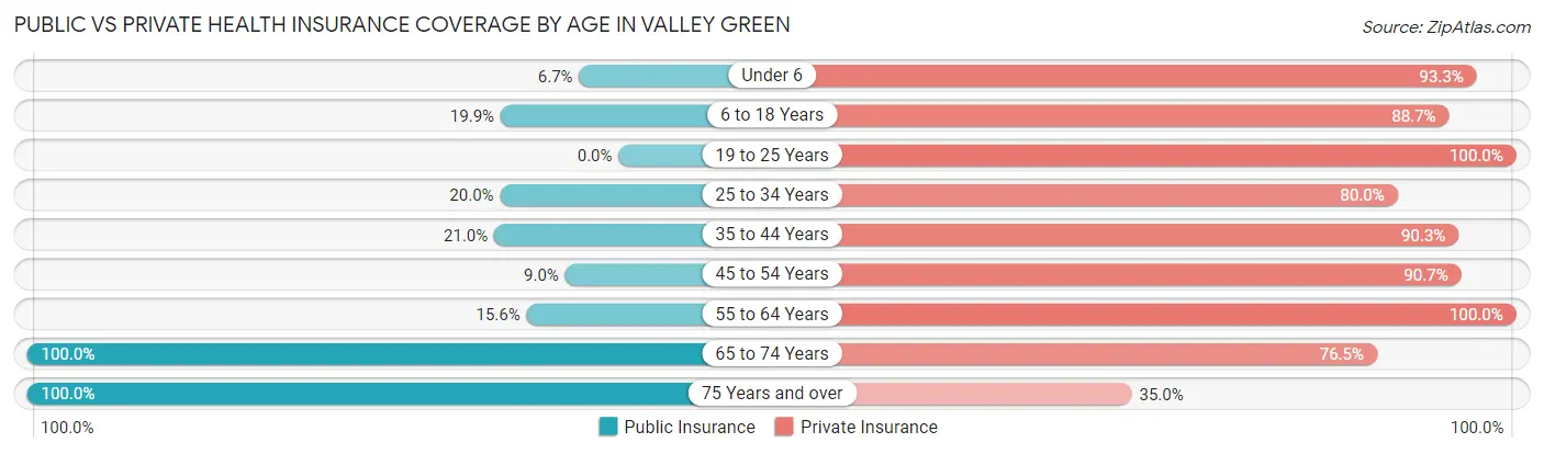 Public vs Private Health Insurance Coverage by Age in Valley Green