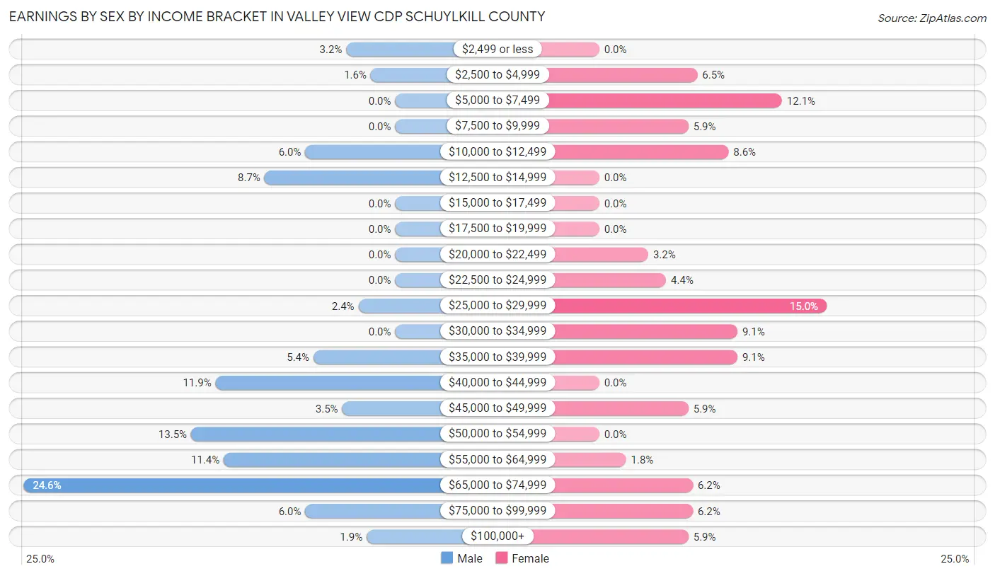 Earnings by Sex by Income Bracket in Valley View CDP Schuylkill County