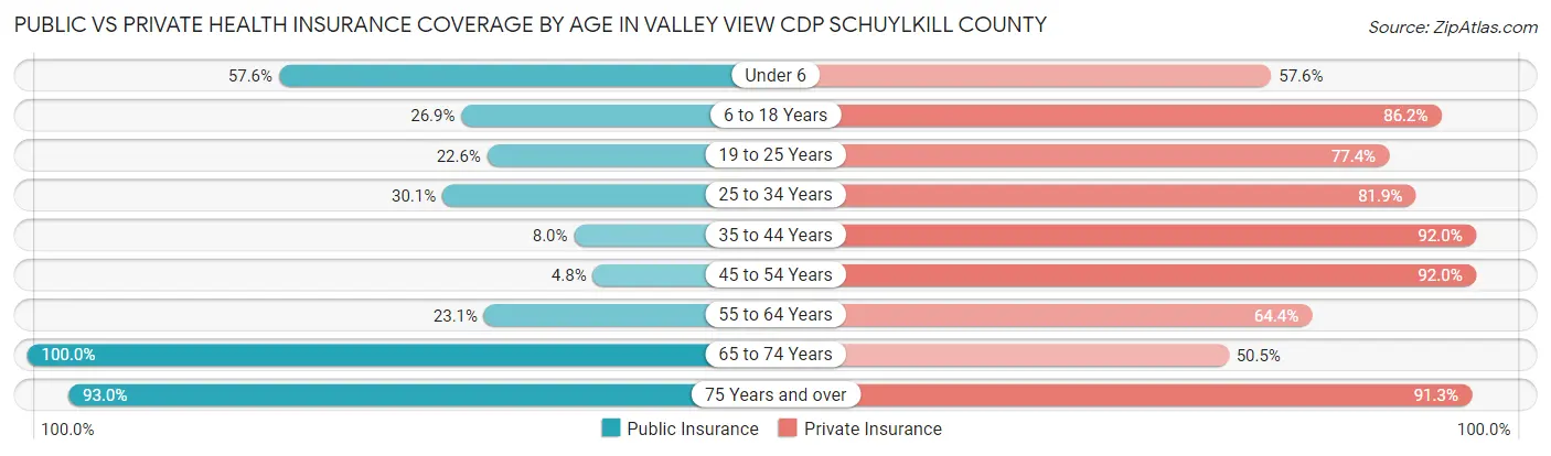Public vs Private Health Insurance Coverage by Age in Valley View CDP Schuylkill County