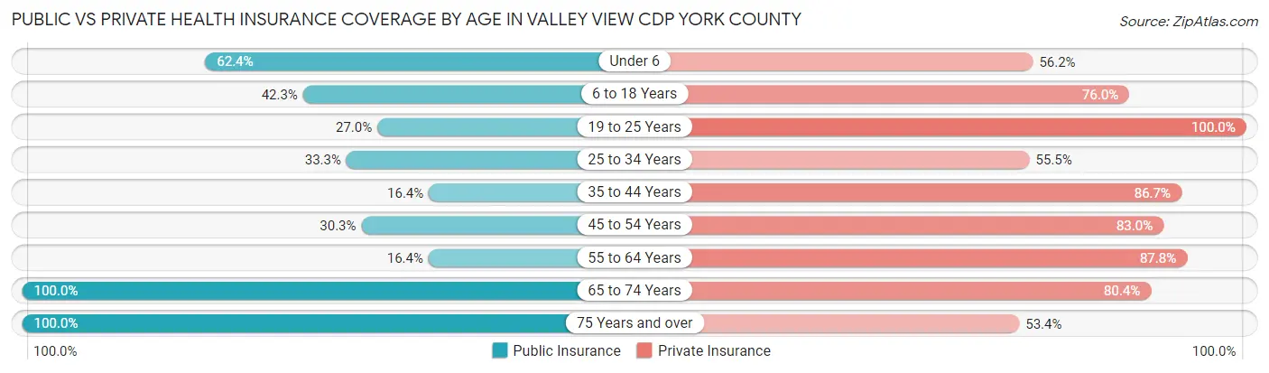 Public vs Private Health Insurance Coverage by Age in Valley View CDP York County