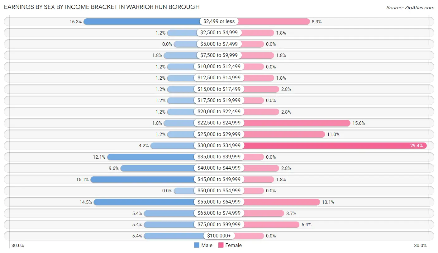 Earnings by Sex by Income Bracket in Warrior Run borough
