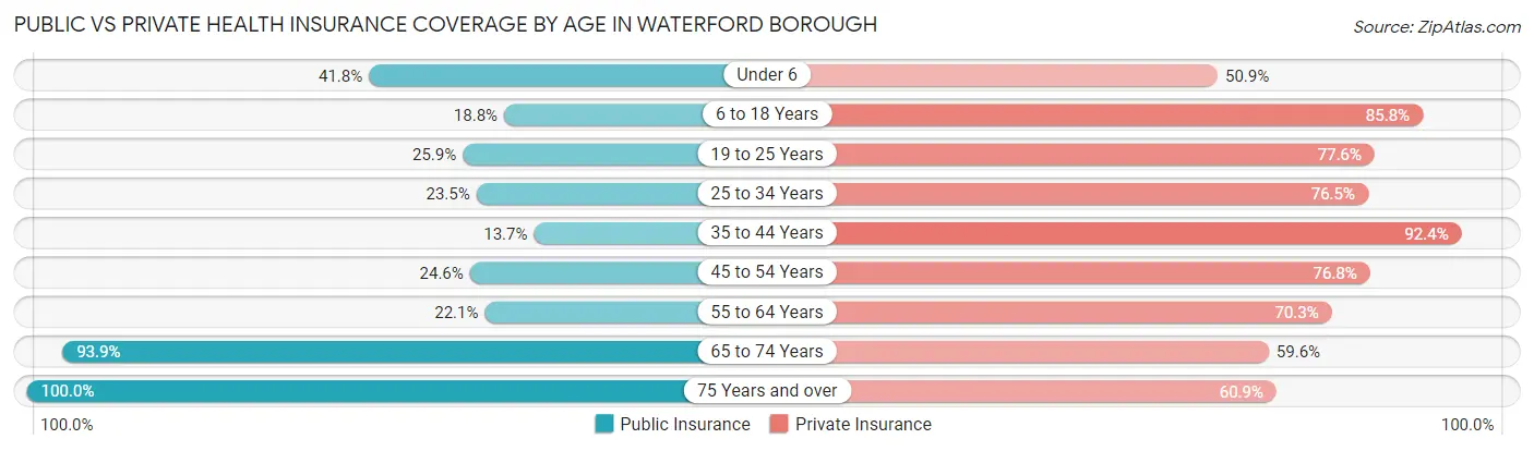 Public vs Private Health Insurance Coverage by Age in Waterford borough