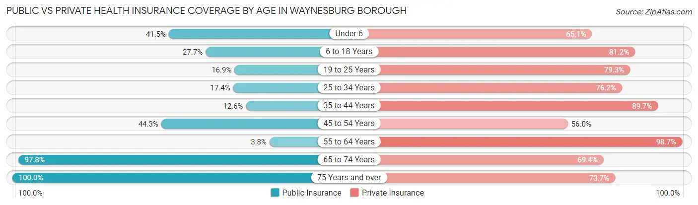 Public vs Private Health Insurance Coverage by Age in Waynesburg borough
