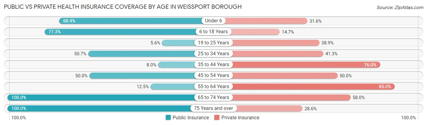 Public vs Private Health Insurance Coverage by Age in Weissport borough