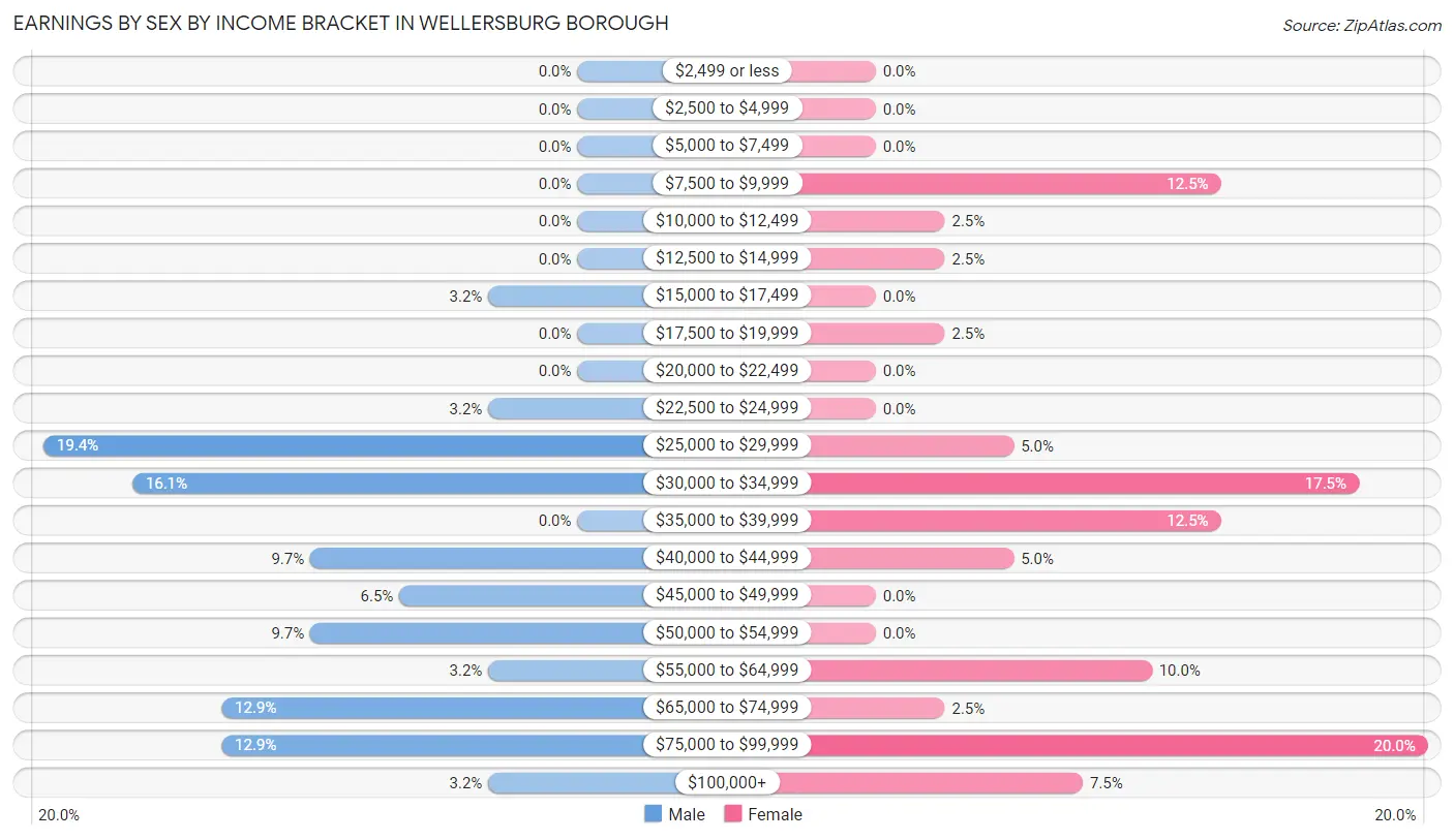 Earnings by Sex by Income Bracket in Wellersburg borough