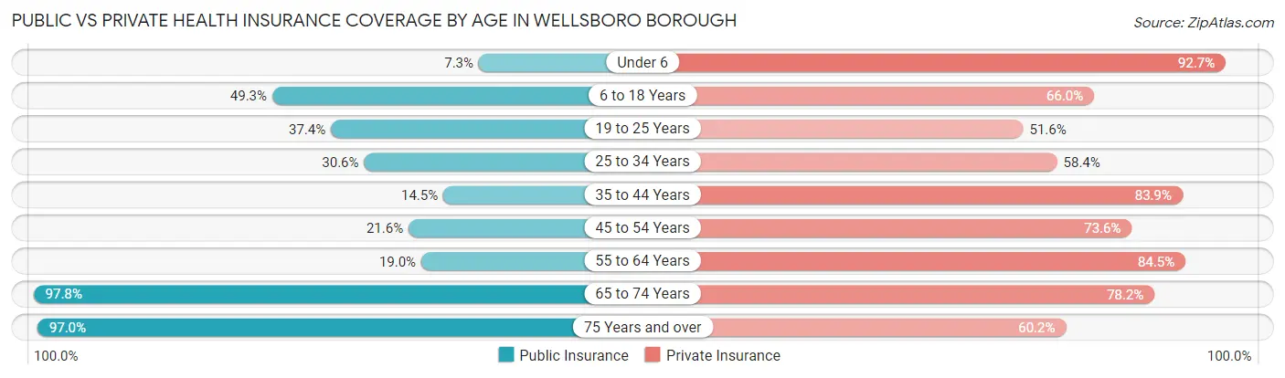 Public vs Private Health Insurance Coverage by Age in Wellsboro borough