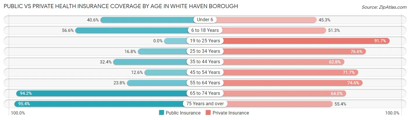 Public vs Private Health Insurance Coverage by Age in White Haven borough