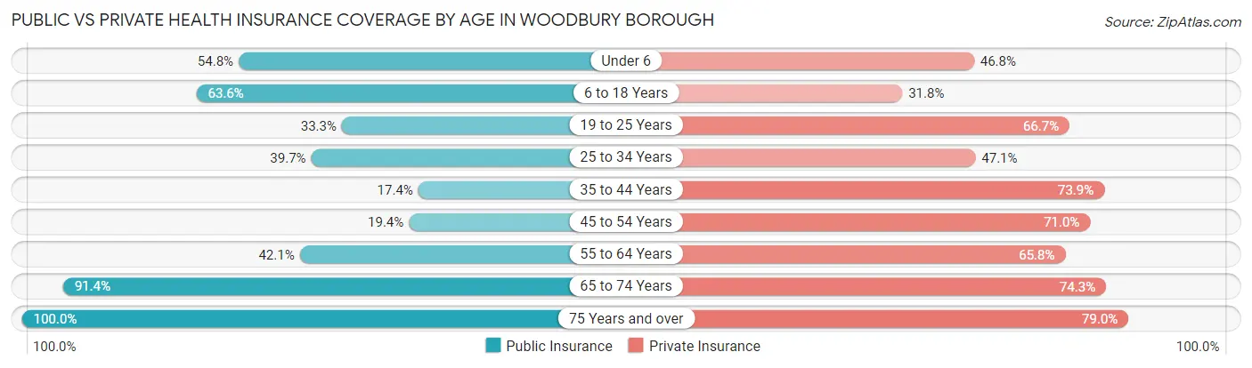 Public vs Private Health Insurance Coverage by Age in Woodbury borough
