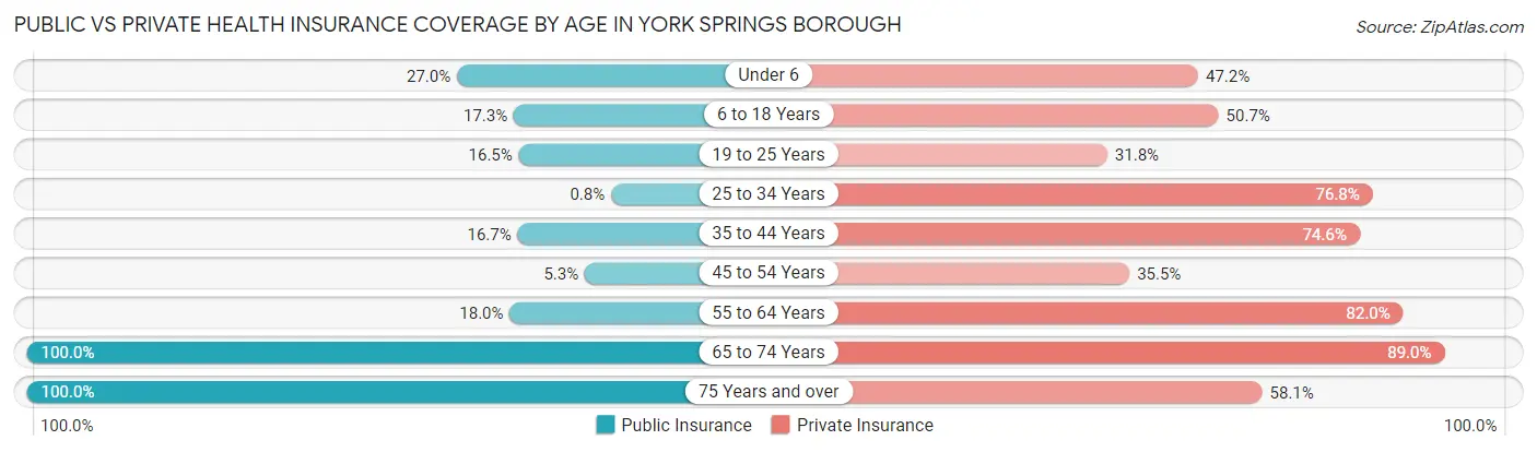 Public vs Private Health Insurance Coverage by Age in York Springs borough