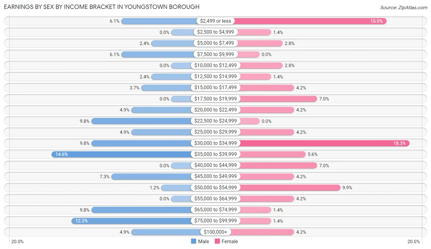 Earnings by Sex by Income Bracket in Youngstown borough