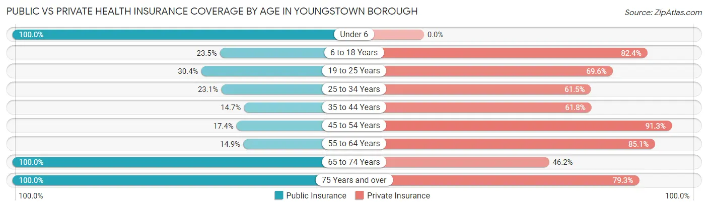 Public vs Private Health Insurance Coverage by Age in Youngstown borough