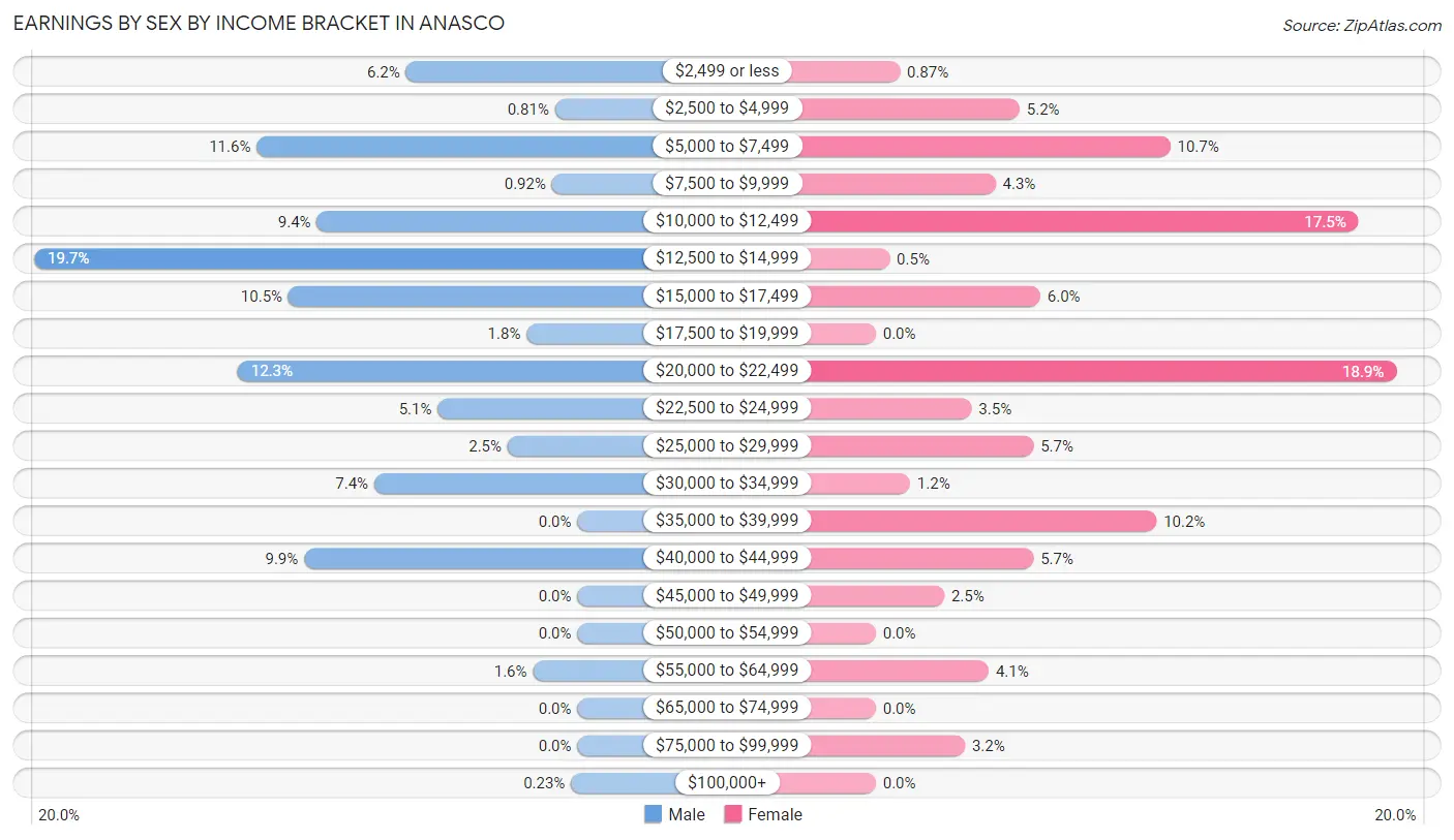 Earnings by Sex by Income Bracket in Anasco