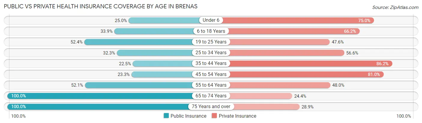 Public vs Private Health Insurance Coverage by Age in Brenas