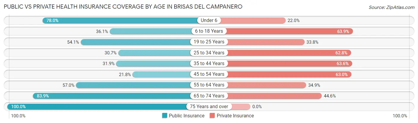 Public vs Private Health Insurance Coverage by Age in Brisas del Campanero