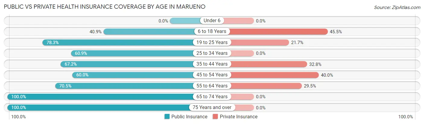 Public vs Private Health Insurance Coverage by Age in Marueno