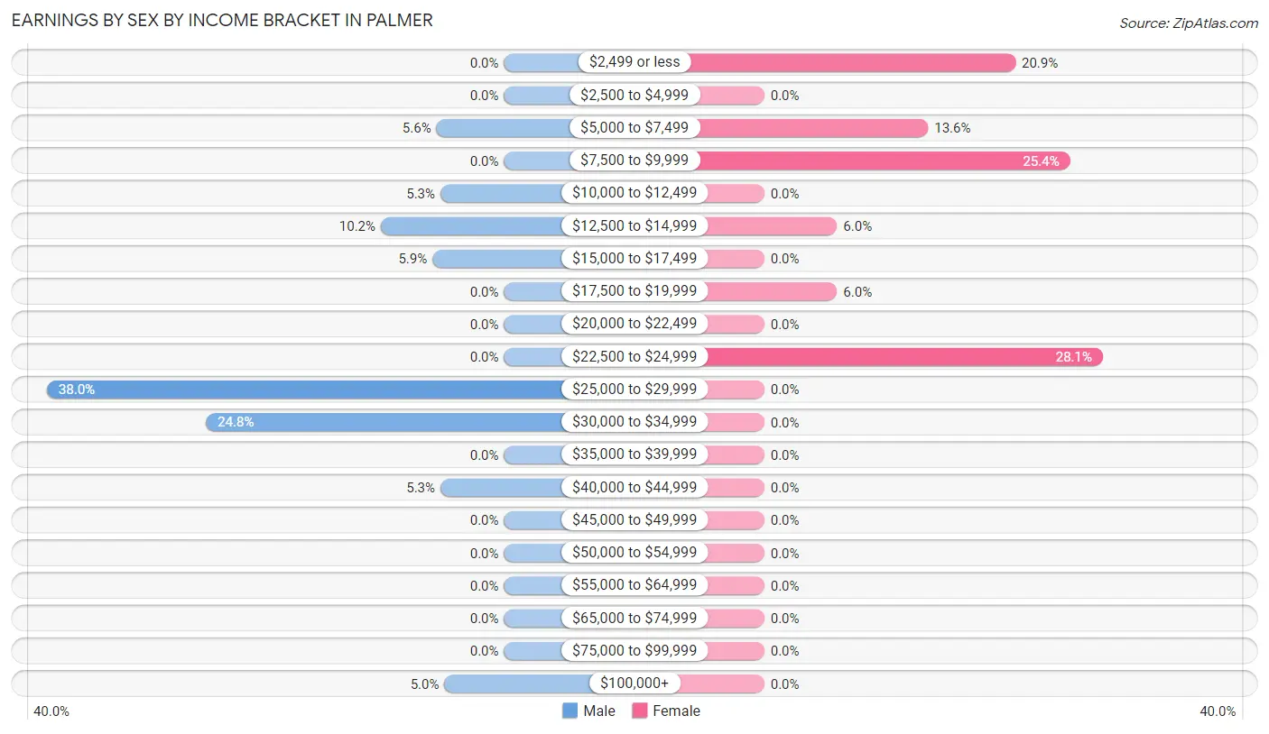 Earnings by Sex by Income Bracket in Palmer
