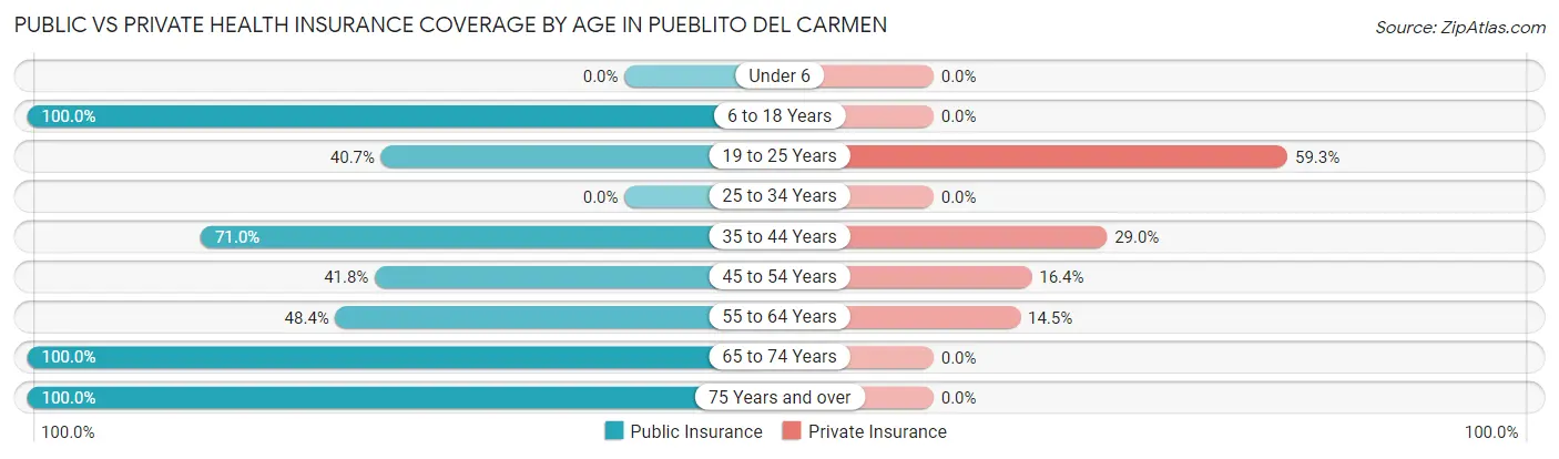 Public vs Private Health Insurance Coverage by Age in Pueblito del Carmen