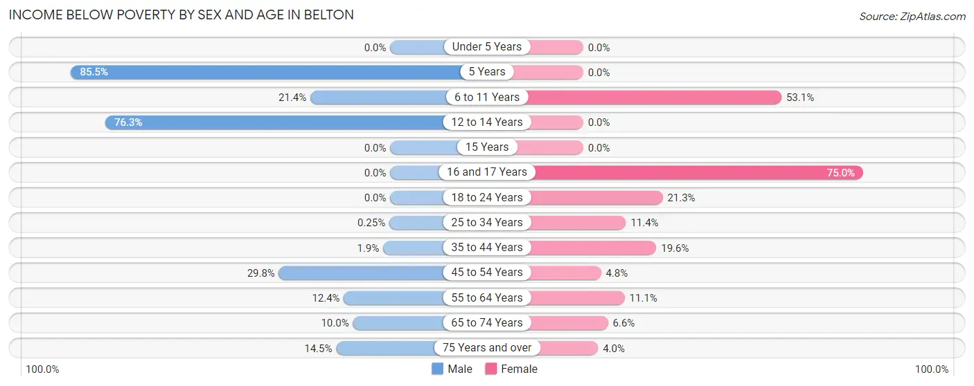 Income Below Poverty by Sex and Age in Belton