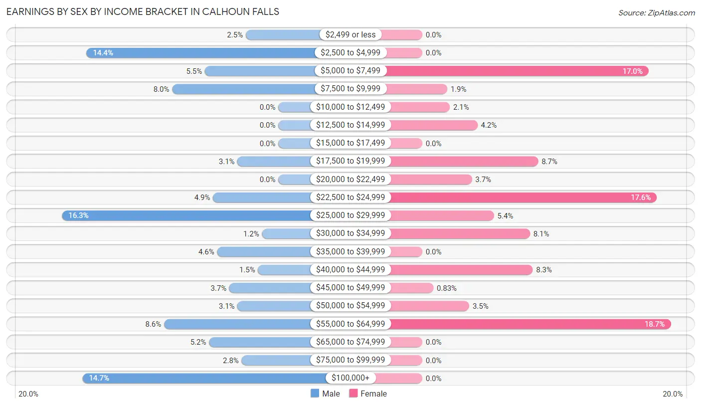 Earnings by Sex by Income Bracket in Calhoun Falls