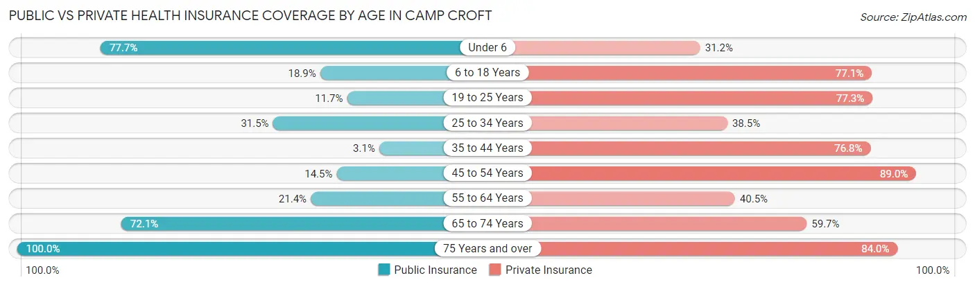 Public vs Private Health Insurance Coverage by Age in Camp Croft