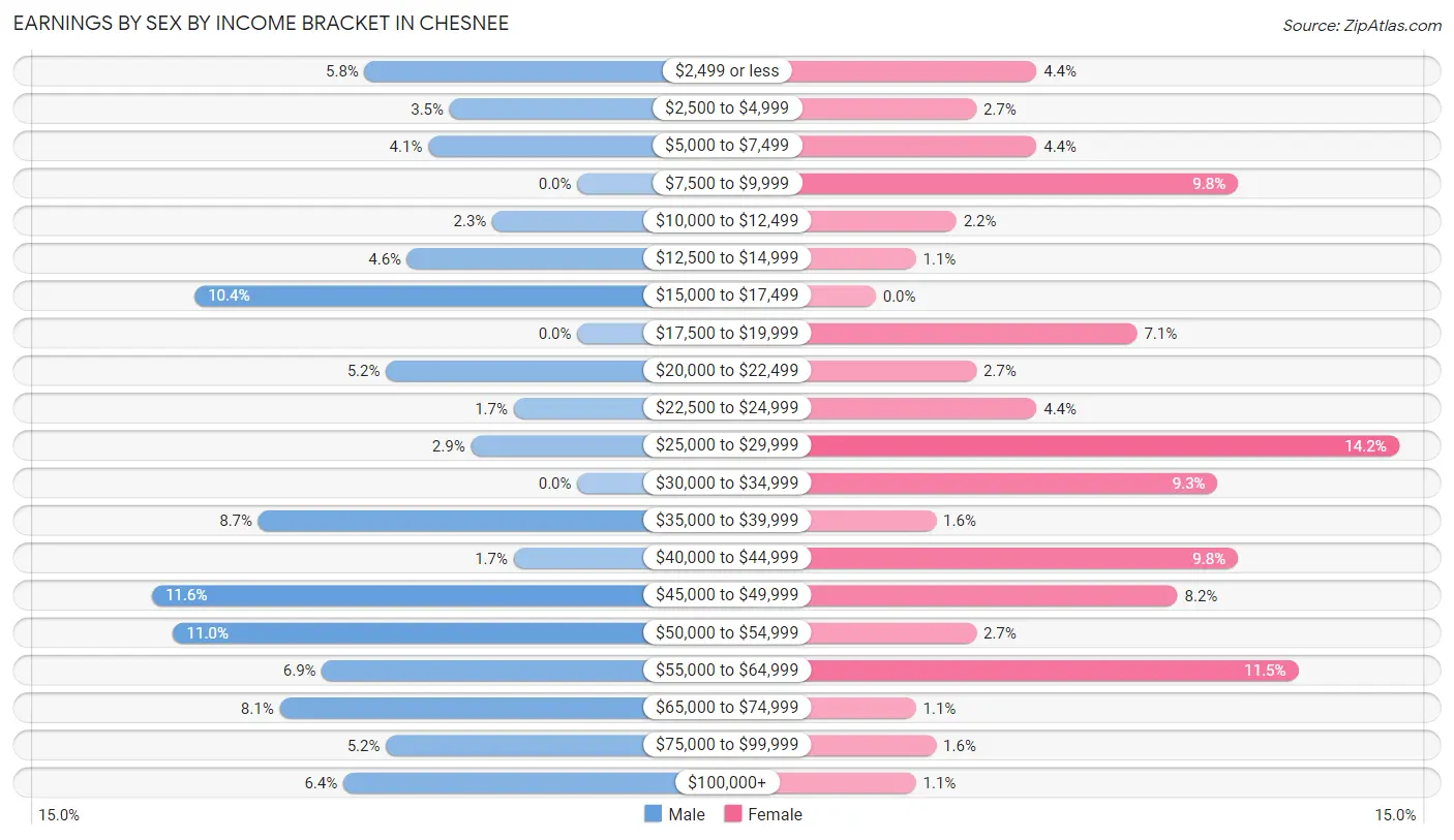 Earnings by Sex by Income Bracket in Chesnee